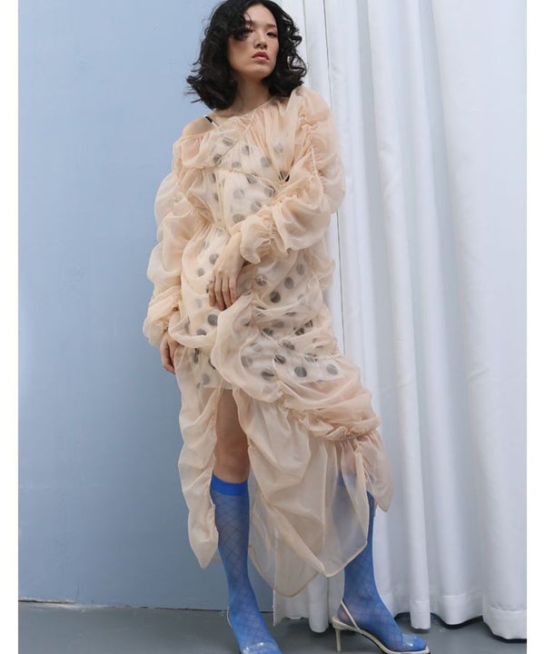 Poplin Shirring See-through Dress